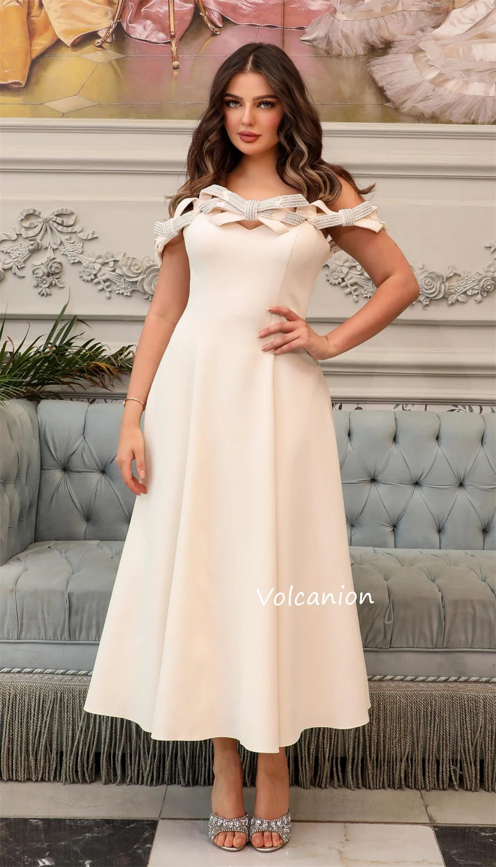 Personalizado jérsei arco beading fora do ombro a linha vestidos midi sob medida ocasião festa moda simples correspondência