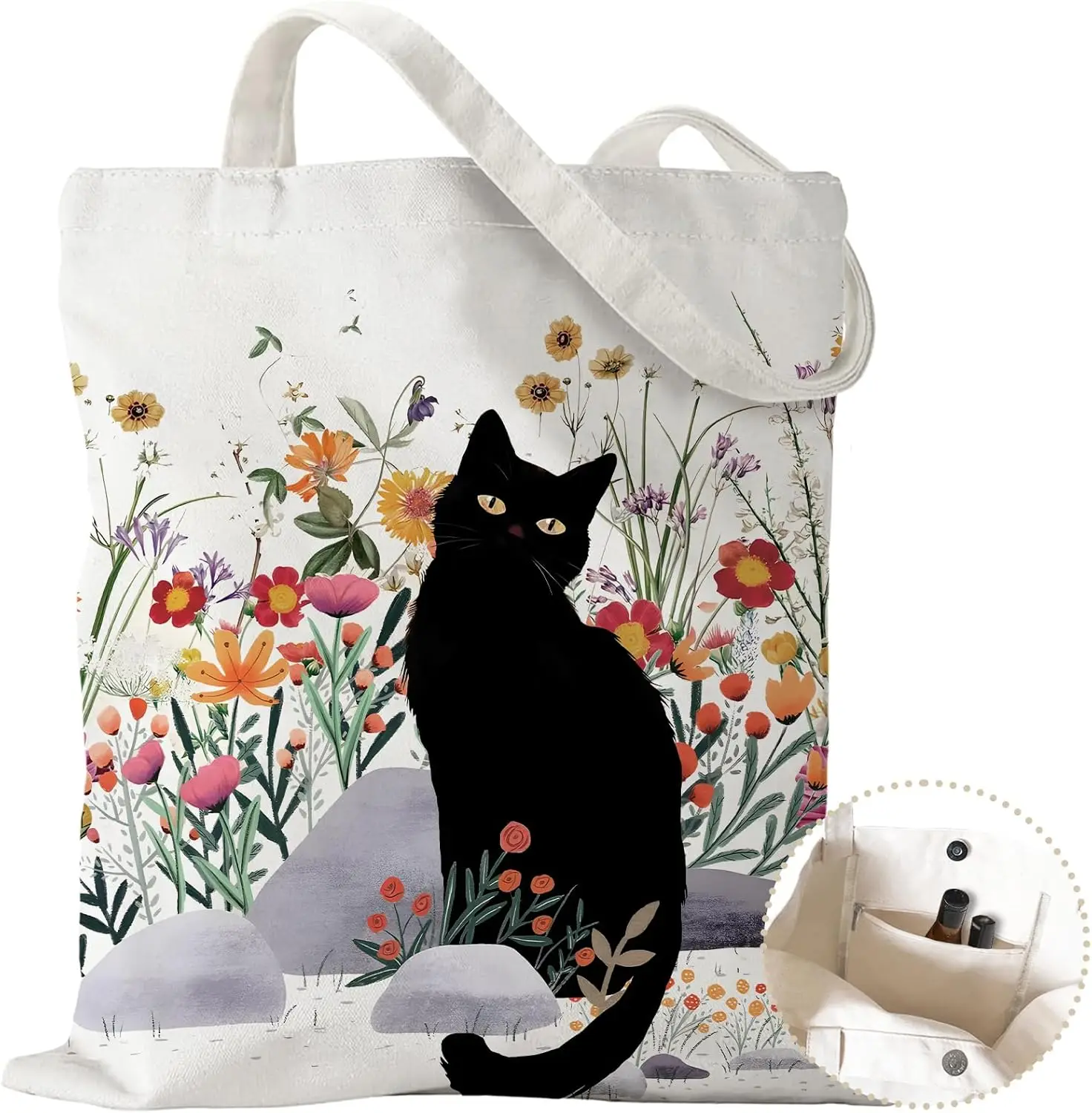 

Aesthetic Canvas Tote Bag with Zipper Pockets Snaps for Women Reusable Shopping Grocery Bags Gifts Work Fashion for Women