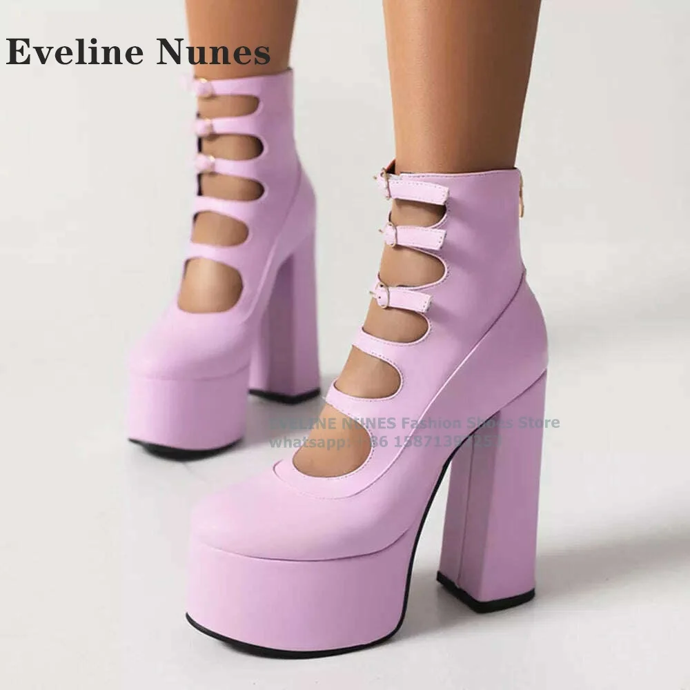 Women's Black Front Hollow Buckle Chunky Heel Knee High Boots Solid Sexy Zipper Closure Gladiator Plus Size Customize Color 2024