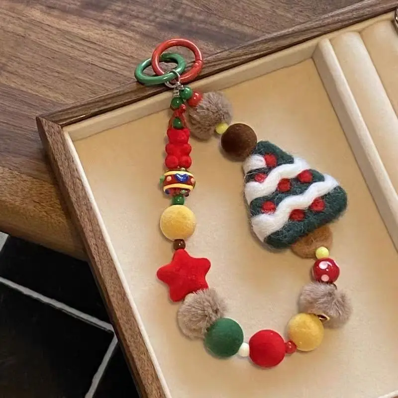 

Wool Felt Colorful Christmas Tree Bag Pendant Plush Star Beaded Mobile Phone Chain Keychain Lanyard