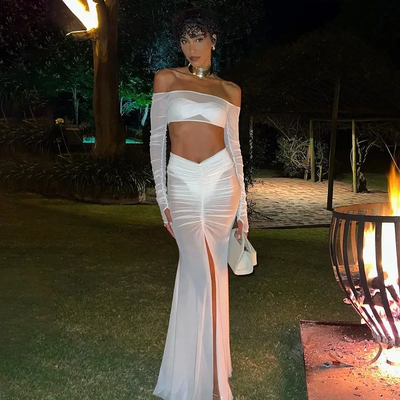 White Mesh Skirt Set Women Strapless Crop Top and Maxi Skirt Outfits Summer Sexy See Through Club Party Holiday 2 Piece Set 2024