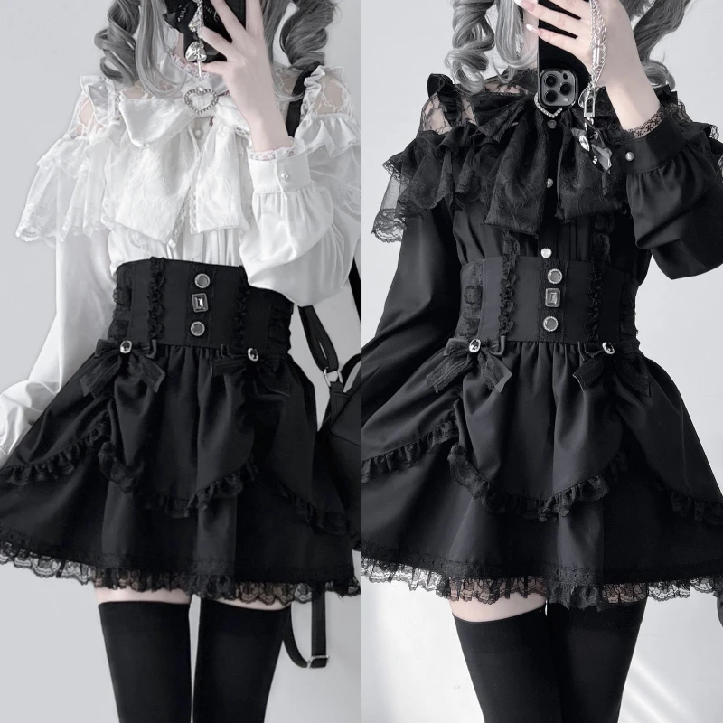 

Japanese Kawaii Lolita Lace Patchwork Blouses Sissy Sweet Girly JK Bow Tops Blusas Women's Harajuku Single Breasted Shirts