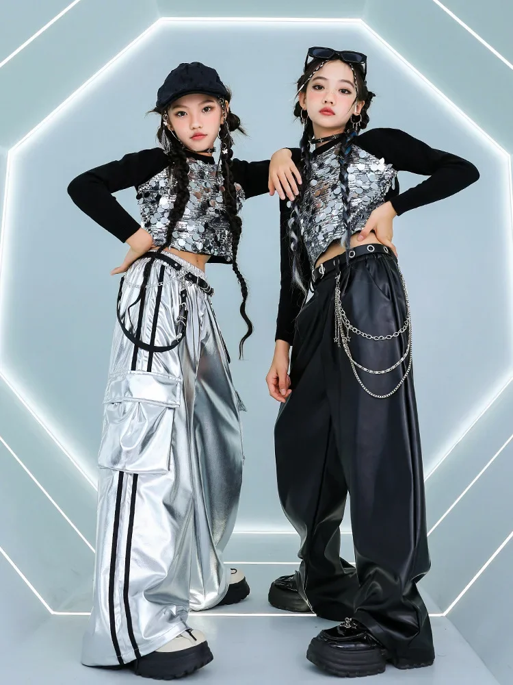 

Hip Hop Girls Kpop Sequin Crop Top Shiny Silver Cargo Pants Street Dance Costumes Kids Streetwear Child Jazz Stage Clothes Sets