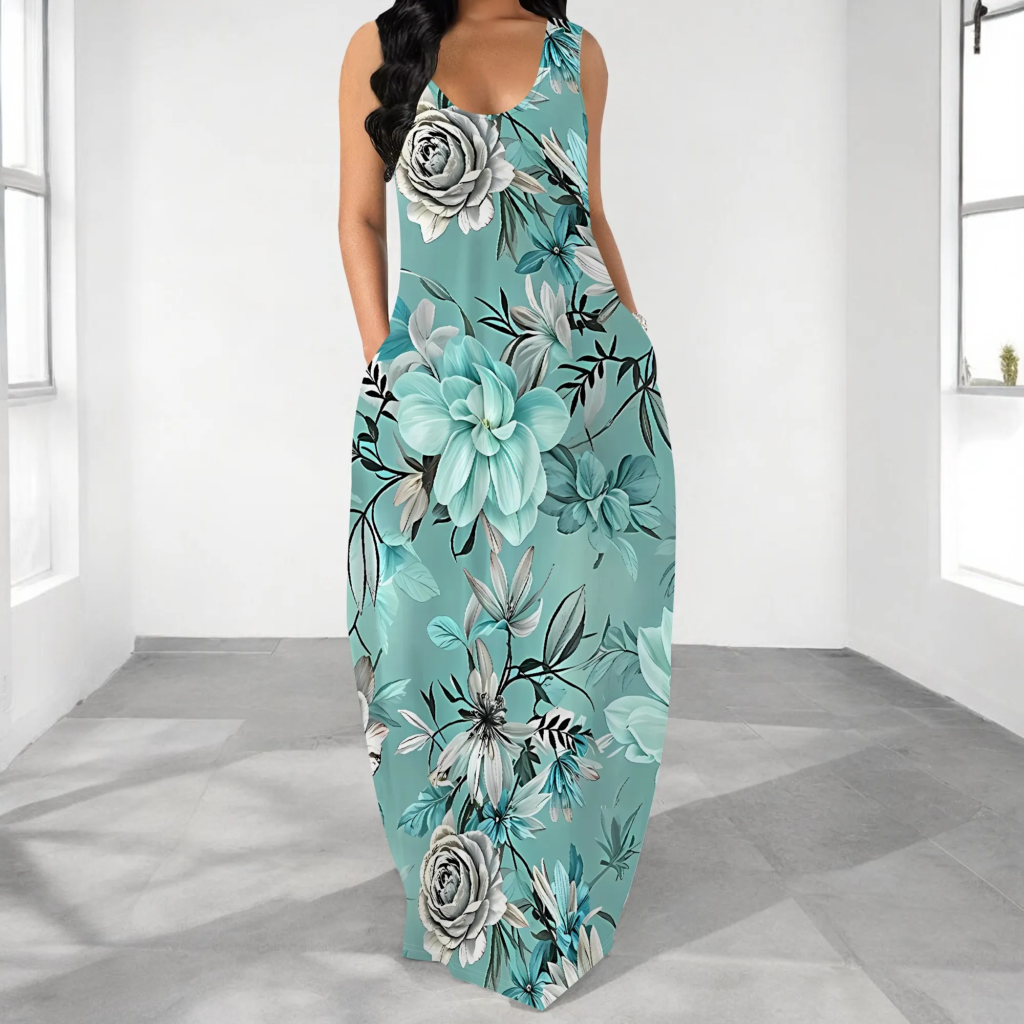 

EQQZD Elegant Floral Print Round-Neck Maxi Dress, Sleeveless Wide Shoulder Strap Dress w/Pocket, Casual & Stylish Dress