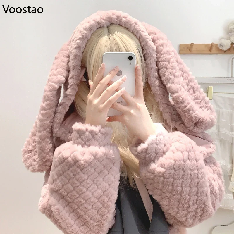 Kawaii Rabbit Ears Hooded Coats Women Casual Cute Bear Plush Warm Short Jackets Female Cute Korean Sweet Bunny Cardigan Outwear