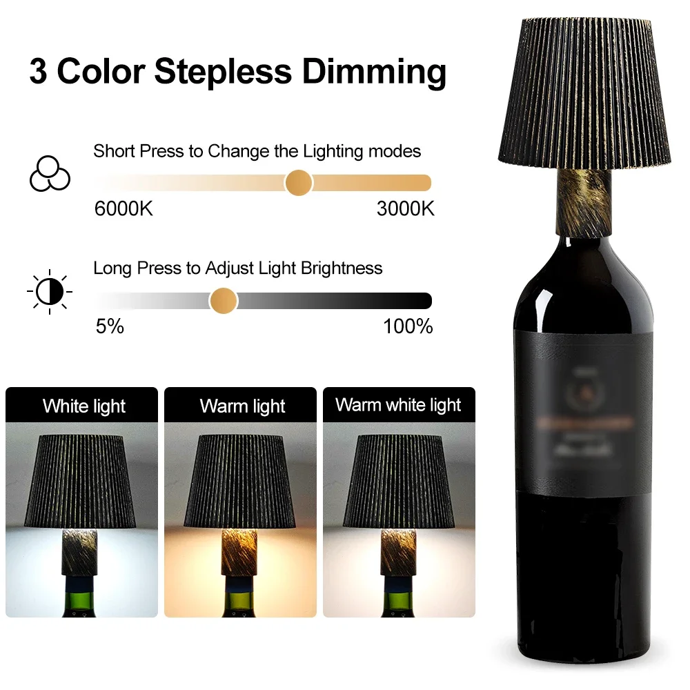 Desktop Wine Bottle Lamp  Decorative Light Rechargeable  Control 3 Color Stepless Dimming Waterproof Wine Bottle Lamp