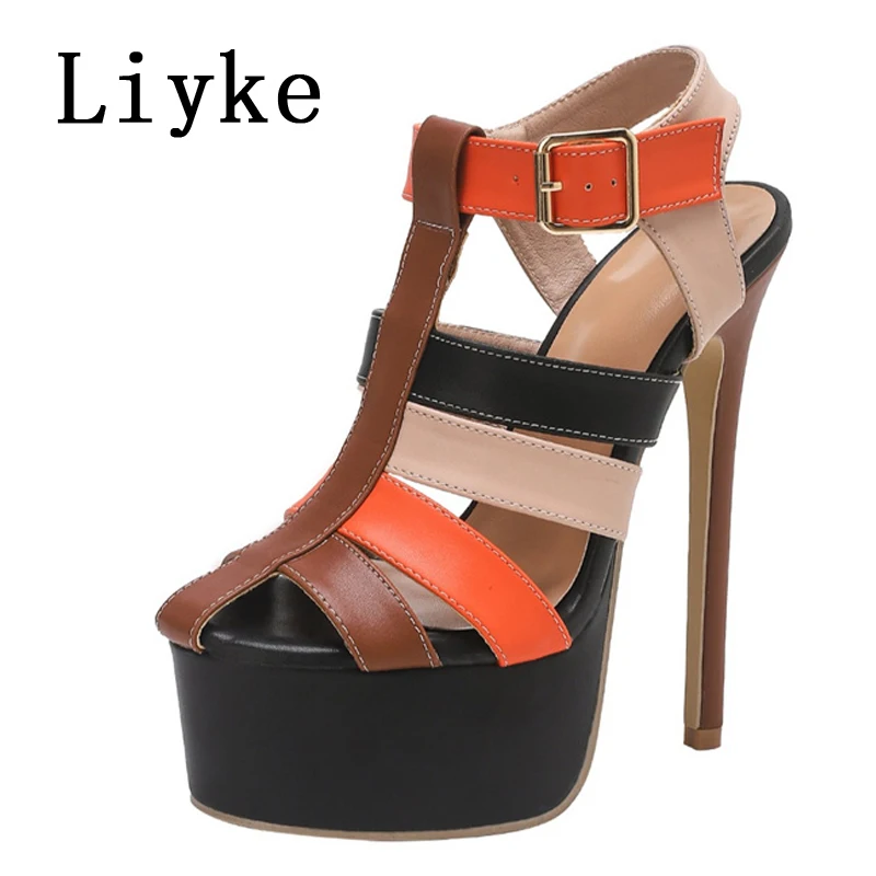 Liyke Summer Buckle Strap Women Sexy 16CM Sandals Fashion Mixed Colors Narrow Band Platform High Heels Banquet Party Dress Shoes