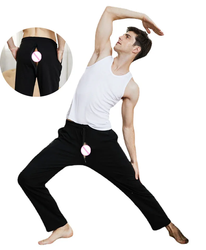 Pantalones de chándal de Yoga de algodón para hombres, pantalones de ejercicio, parte inferior abierta, pantalones de salón atléticos sueltos con