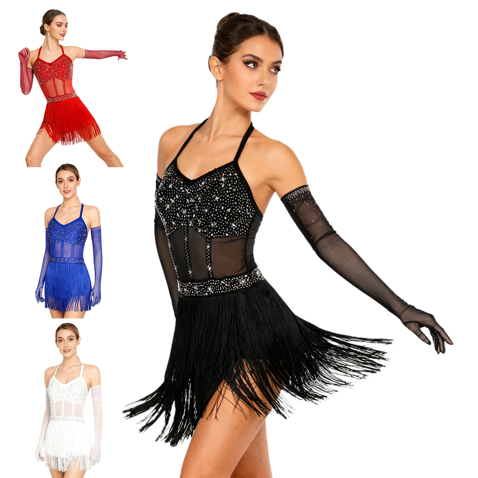 Robe justaucorps de danse latine pour femmes, strass brillants, franges, body avec gants, salle de bal, Cha-cha, Tango, Salsa, Samba