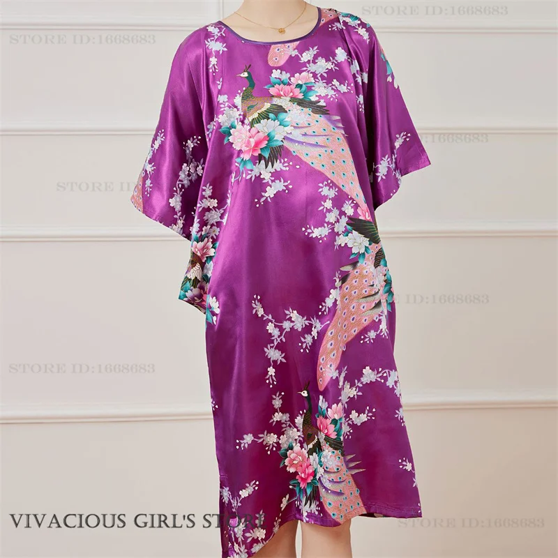 Plus Size Nightgown Sleepwear Women\'s Summer Nightwear Robe Lady Sexy Nightdress Silk Rayon Loose Bathrobe Gown Home Dress