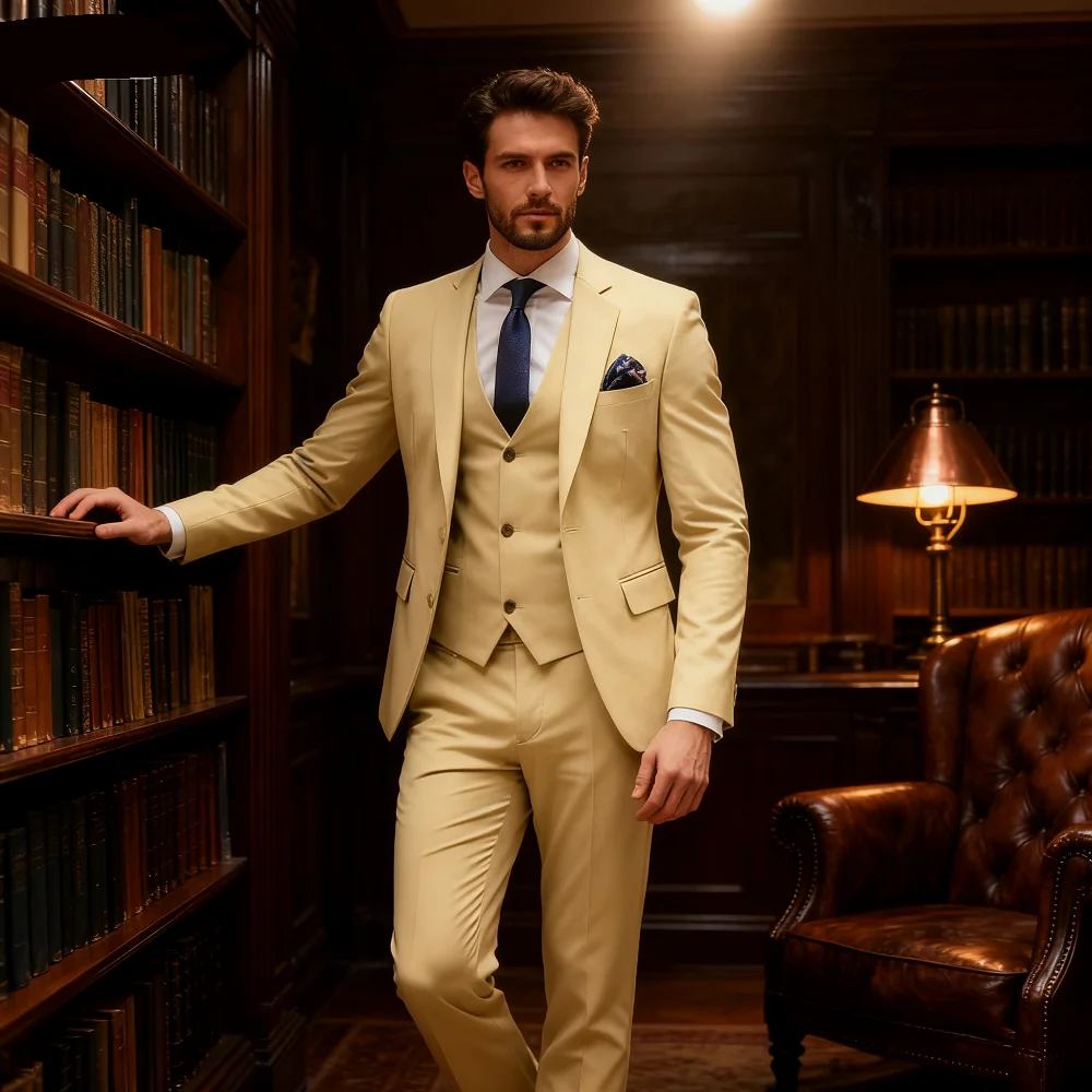 

Элегантный коричневый мужской свадебный костюм из трех предметов с курткой, брюками, жилетом - однобортный деловой пиджак с лацканами и вырезом, мужская одежда