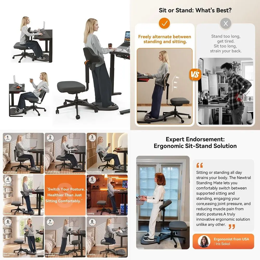 Silla de Escritorio para Trabajar de Pie, Silla Ergonómica para Trabajar Sentado o de Pie con Tapete Antifatiga, Taburete para Trabajar de Pie, Asiento Ergonómico