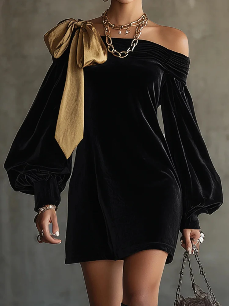 

Женское элегантное мини-платье с завязками, повседневные платья в стиле ретро с длинными рукавами-фонариками, женское сексуальное однотонное вечернее платье с вырезом-лодочкой, Vestidos