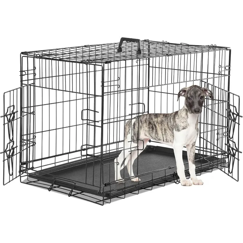 

Medium Dog Crate with Divider Panel, 30 Inch Double Door Folding Metal Wire Dog Cage with Plastic Leak-Proof Pan Tray