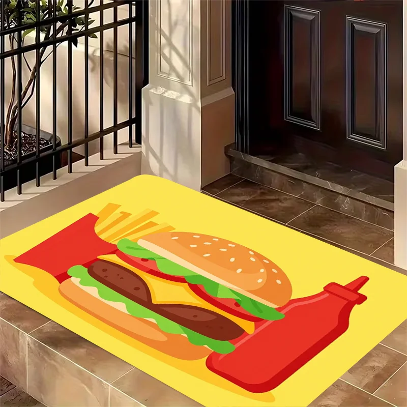 Funny Burger & Fries Door Mat, Fast Food Pattern, Yellow Kitchen Welcome Rug, Non-slip Entrance Floor Mat, Home Decor