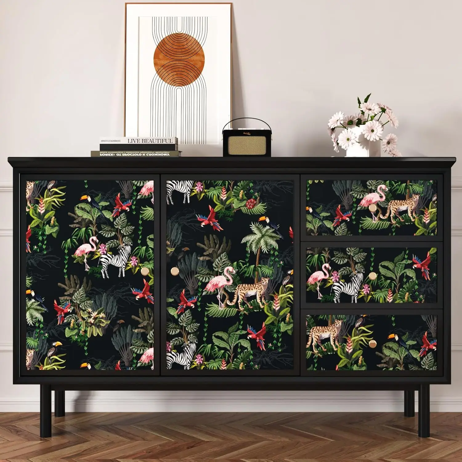 

1 roll of self-adhesive dark tropical wallpaper featuring wildlife and plants, for bedroom, bathroom, and cabinet decoration.