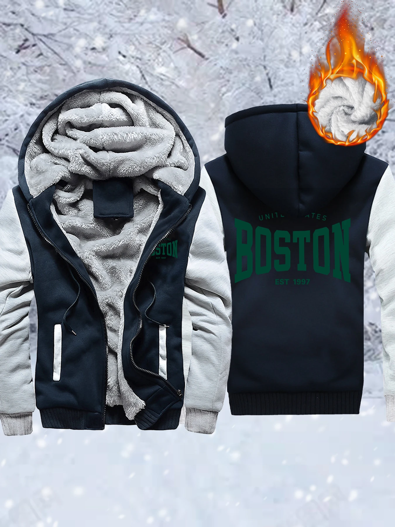 

Usa Boston City Est 1997 Print Thicken Coats Winter Loose Streetwear Men Hip Hop Casual Hoodies Zipper Fleece Unisex Jacket