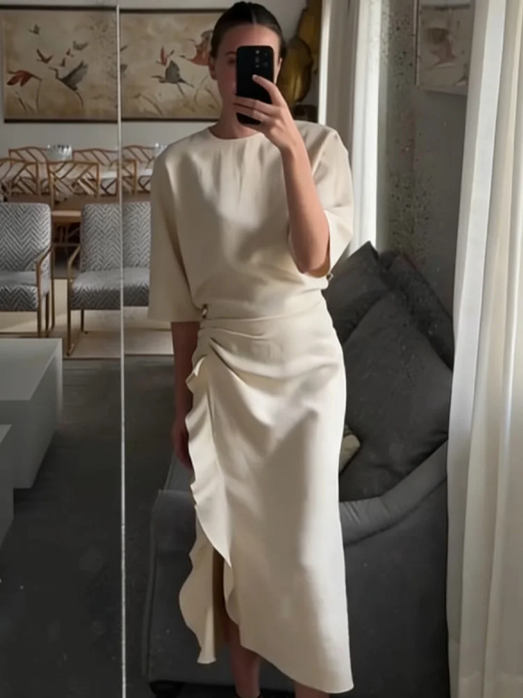 

Женское летнее платье HH: новая модная модель, однотонное, с круглым вырезом, плиссированное, с коротким рукавом, приталенное, повседневное, сексуальное, с пуговицами и боковой молнией, миди.