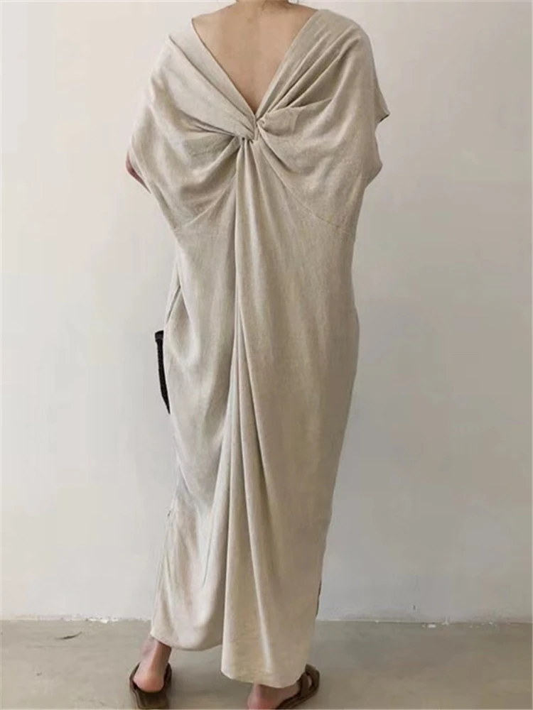 REALEFT-Robe longue en coton et lin pour femme, style bohème, taille haute, décontractée, dos nu, coupe trapèze, nouvelle collection été 2023