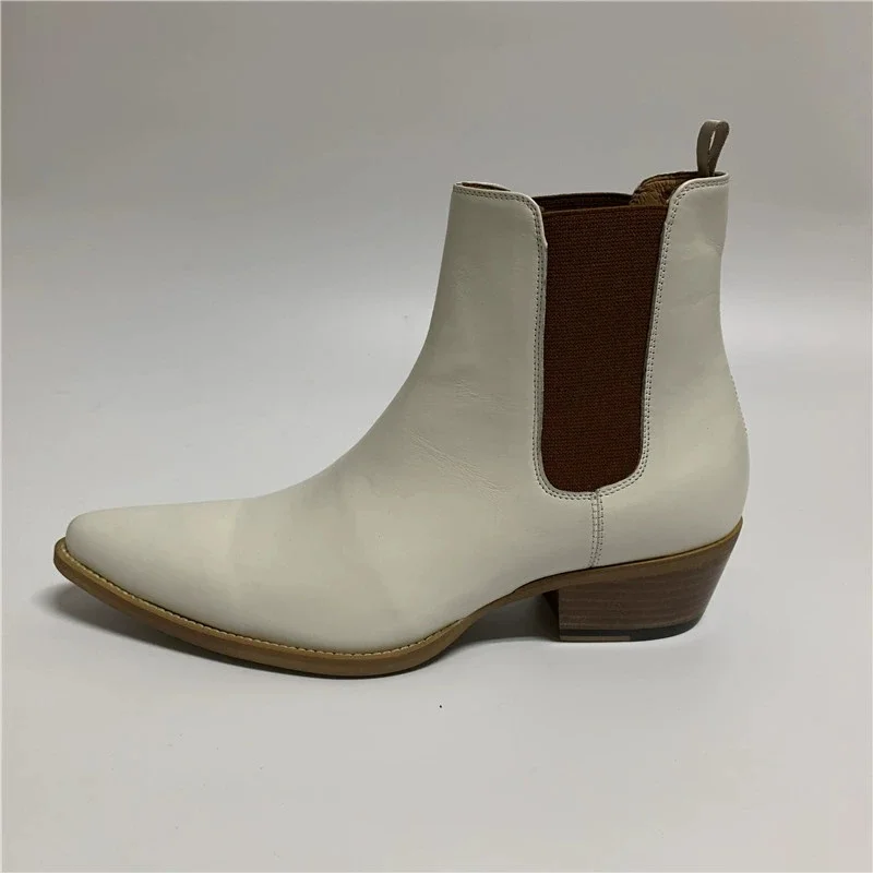 Milk White Cowhide Genuine Leather Pionted Toe Personalized High Top Denim Chelsea Boots