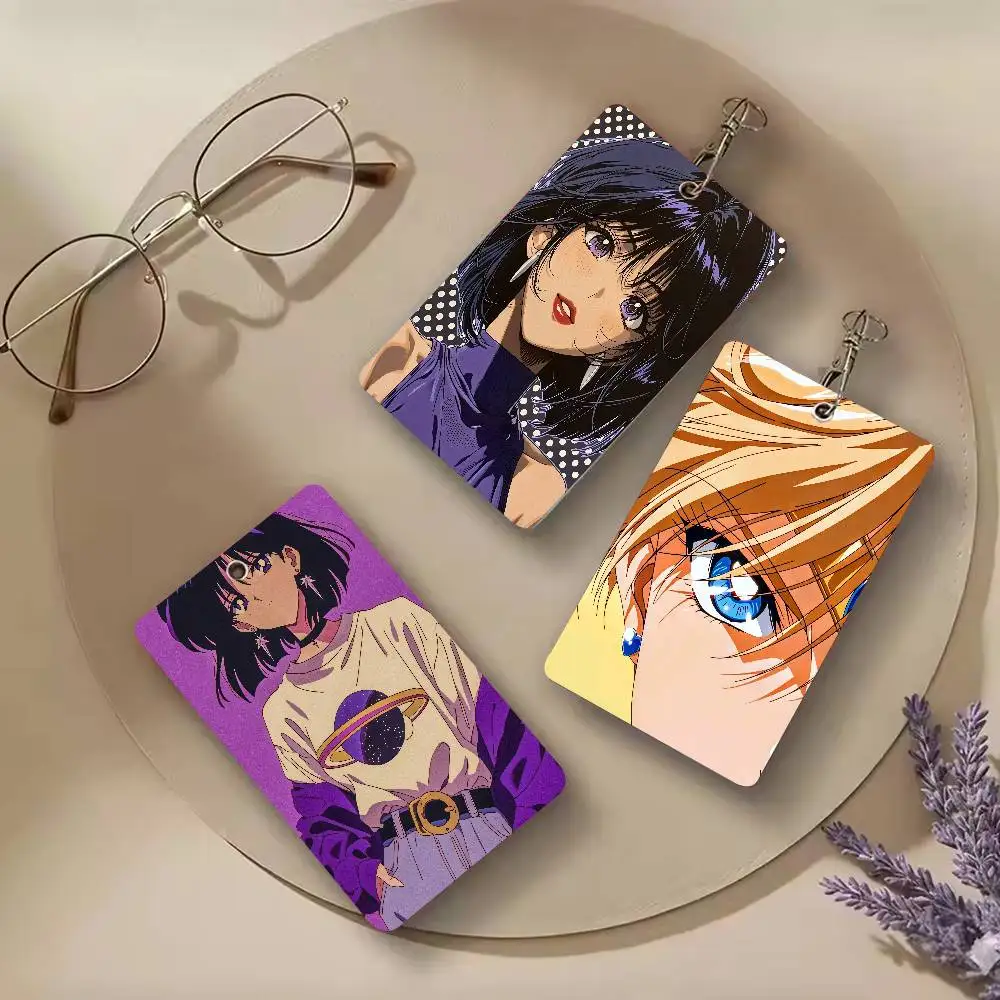90s Retro Anime Girl ID Badge Holder Access Card Cover, PU Portable Protector For Student Office Door Access Control ID Card
