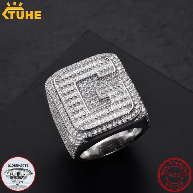 TUHE Fashion Luxury Iced Out Moissanite Letters Ring Men S925 Sterling Optional Letters Ring Unisex Hip Hop Rapper Jewelry
