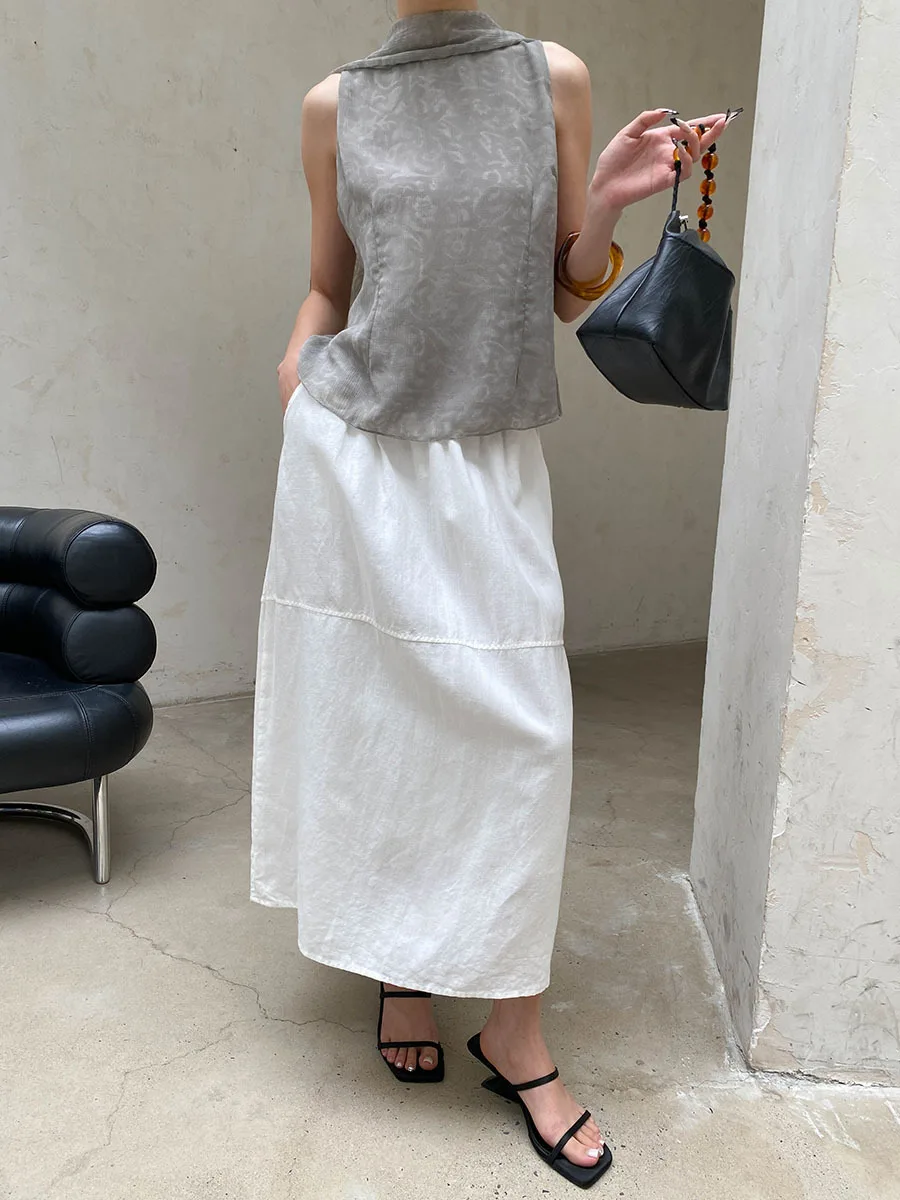 Sommerliche Damen-Retro-Jacquard-Weste mit Schleifenband und Neckholder, ärmellos – Detail 6