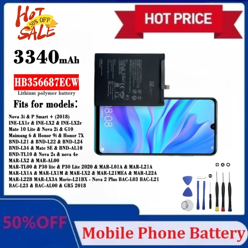 

Новый мобильный телефон HB356687ECW 3,82 В 3340 мАч для Huawei Mate 10 Lite P30 Lite 4E Nova 2 Plus 2i NOVA 3i 4e Honor 9i Батареи
