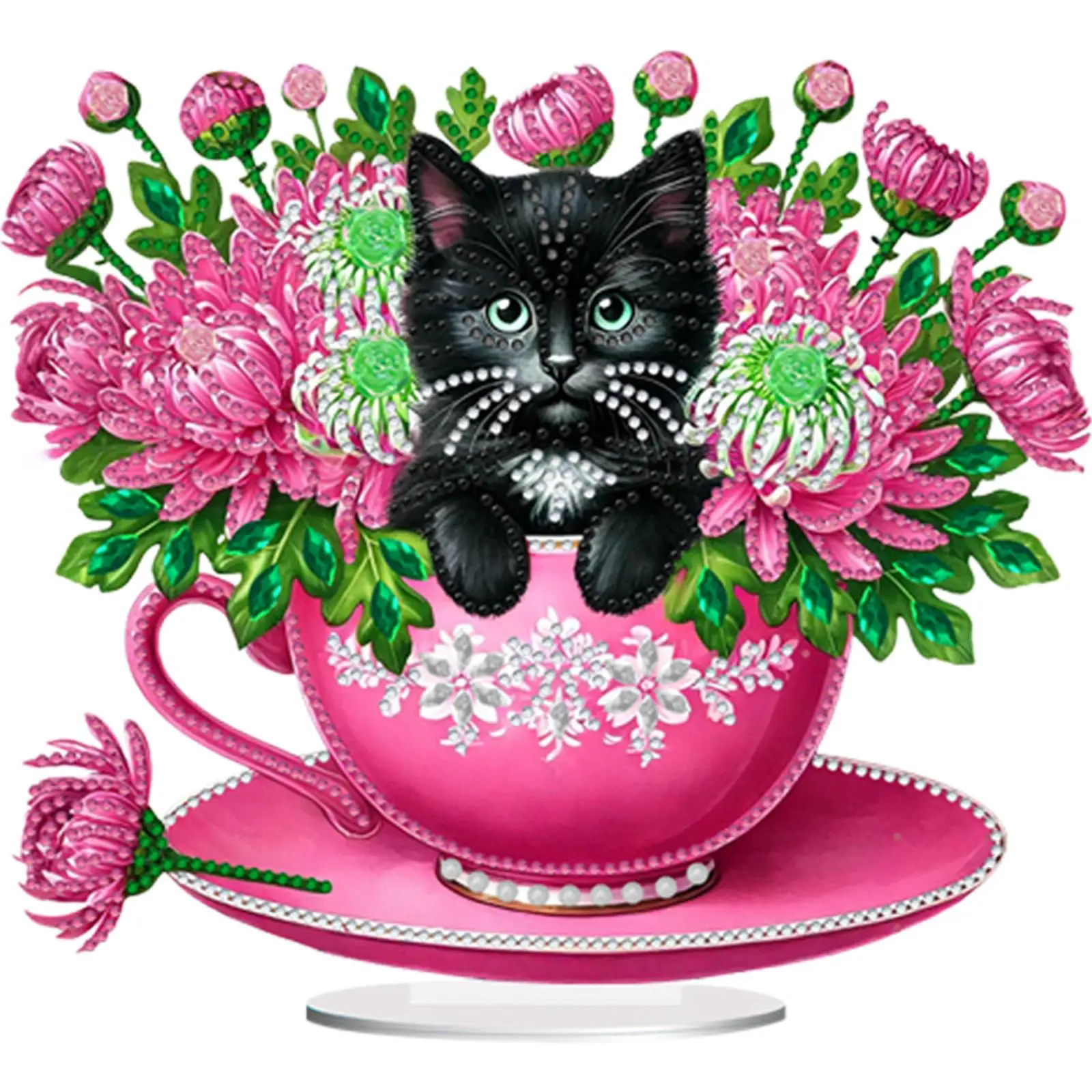 

2D/Flat Teacup Cat DIY Table Top Diamond Painting Ornament Kits Desktop Diamond Art Kits 5D DIY Diamond Art Tabletop Decorations