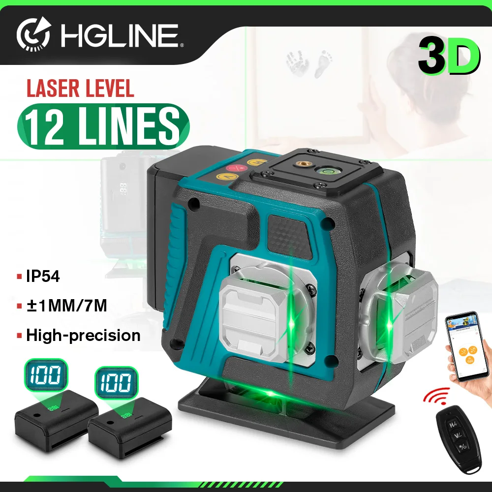 HGLINE 3D 레이저 레벨 미니 레벨링 도구, 자동 360 ℃ 수평 및 수직 크로스 레이저 기계, 12 라인 