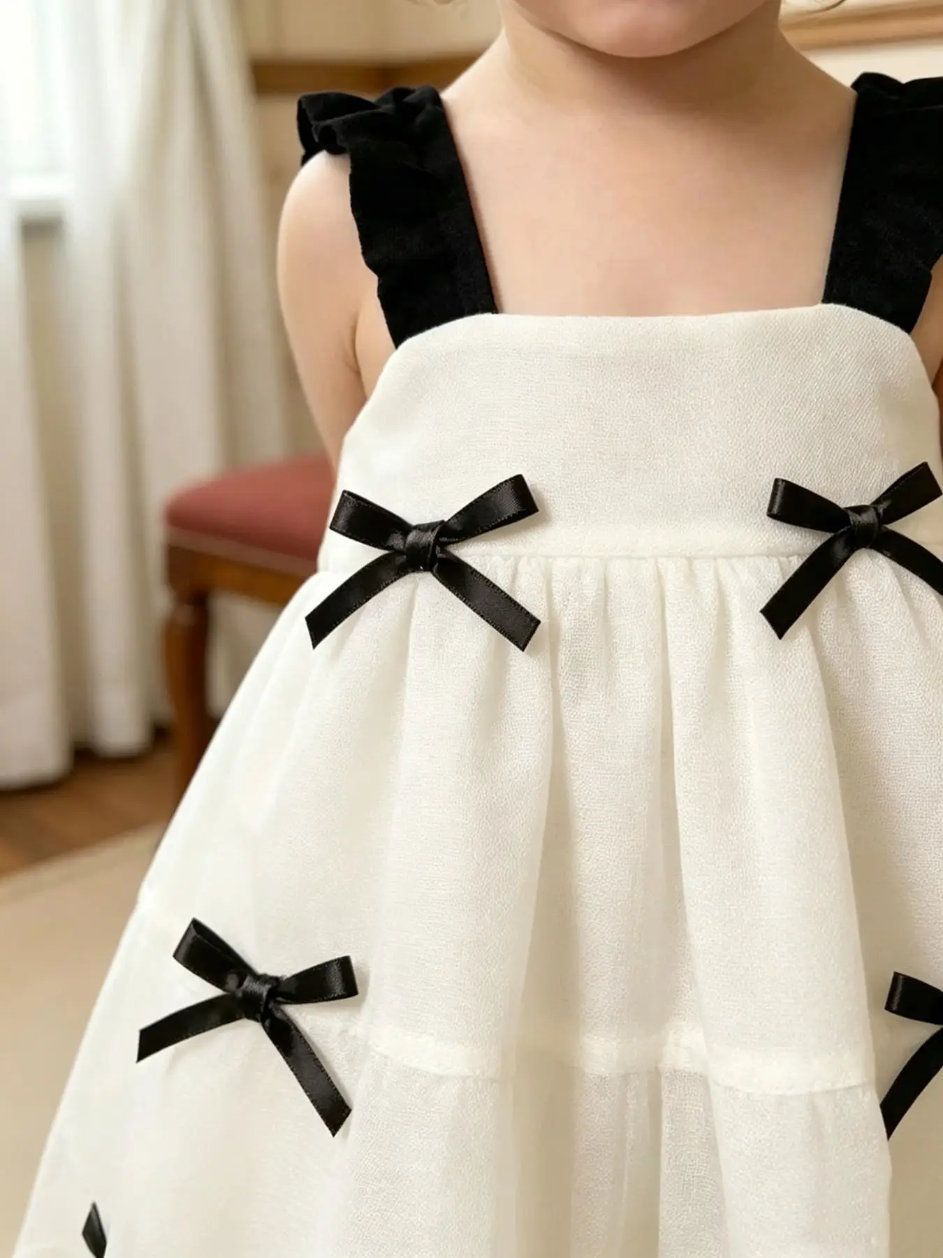 Vorschulmädchen-Kleid mit Schleifendekoration, Sonnenrock, plissiertem Schulterträger, mehrlagigem Design, hautfreundlichem Stoff, unverzichtbares Kleid für die Babygarderobe. – Detail 6