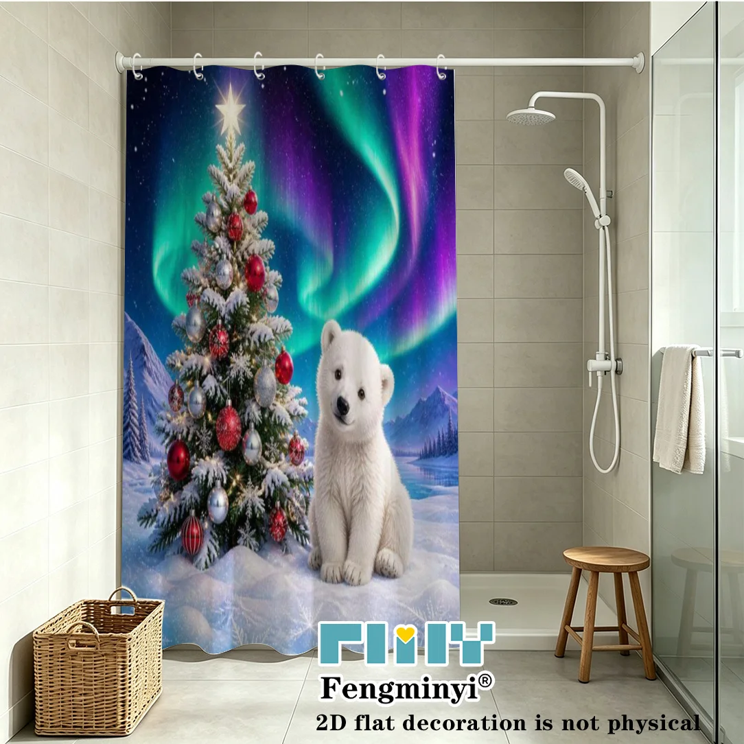 Cute Polar Bear Shower Curtain, Christmas Tree & Aurora Print, Winter Night Snowy Landscape, Waterproof Bathroom Decor
