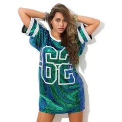 Half Sleeve Baggy Sequin T Shirt Dress Paillette Hip Hop Shirt Dress Clubwear Loose Mini Night Out Dress