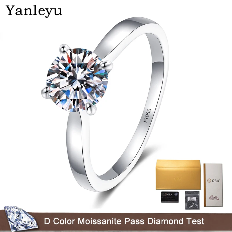 

Yanleyu Solid PT950 Platinum Moissanite Ring Classic 1.0CT Solitaire D Color Diamond Proposal Engagement Rings for Women Gift