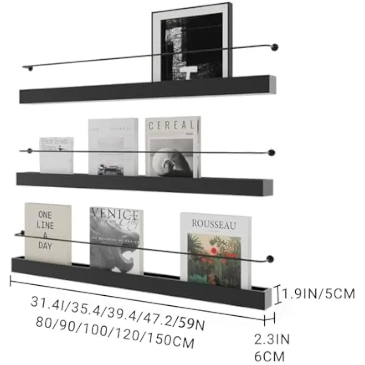 3 Pack Wall Mounted Metal Magazine Rack with Retaining Bar, 39.4 Inch Display Shelf Holds 30 lbs for Vinyl Records Home Office