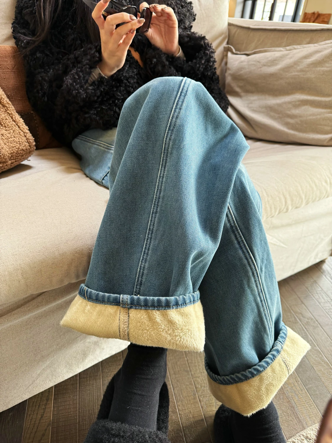 

Утепленные джинсы с высокой талией и широкими штанинами для женщин, зимние теплые брюки из денима в пол, милые и стильные