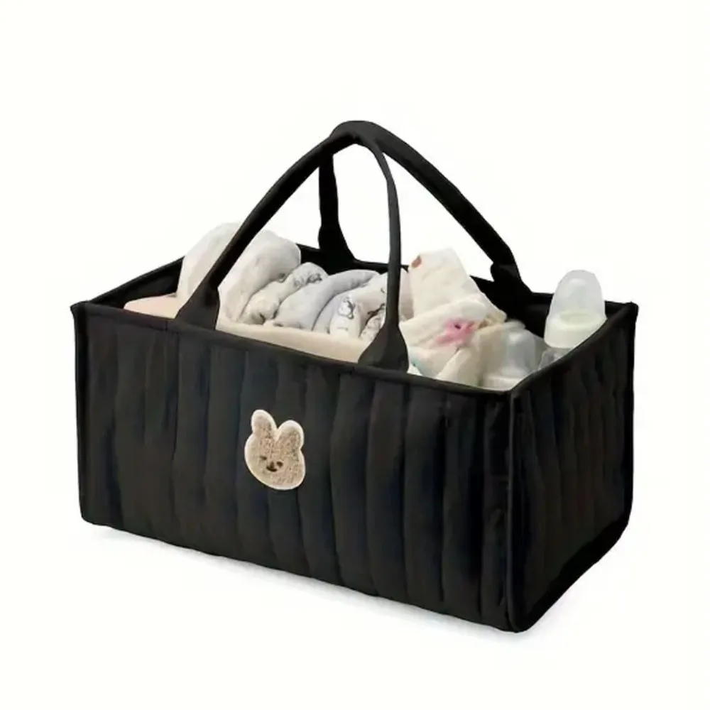 

Light Beige Multi-Compartment Storage Organizer with Cute Bear Print - Durable Polyester Portable Handbag for Diapers, Toys,