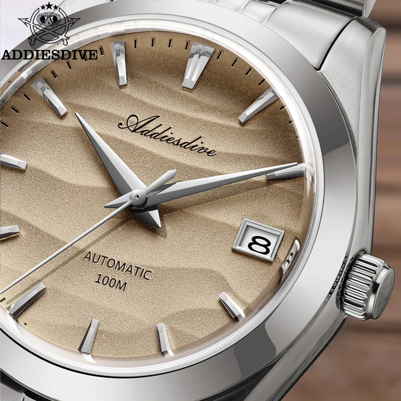 Addiesdive นาฬิกาคู่39มม. หน้าปัดทะเลทราย reloj hombre NH35A คริสตัล10Bar นักดำน้ำพักผ่อนนาฬิกากลไกอัตโนมัติ