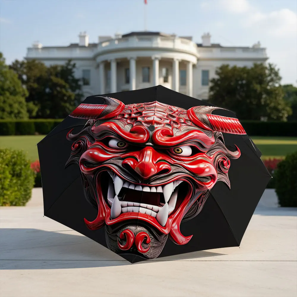 Red Oni Demon Mask Art on Black Background Umbrella Compact Fashion Folding Umbrella for Daily Use, Christmas Gift