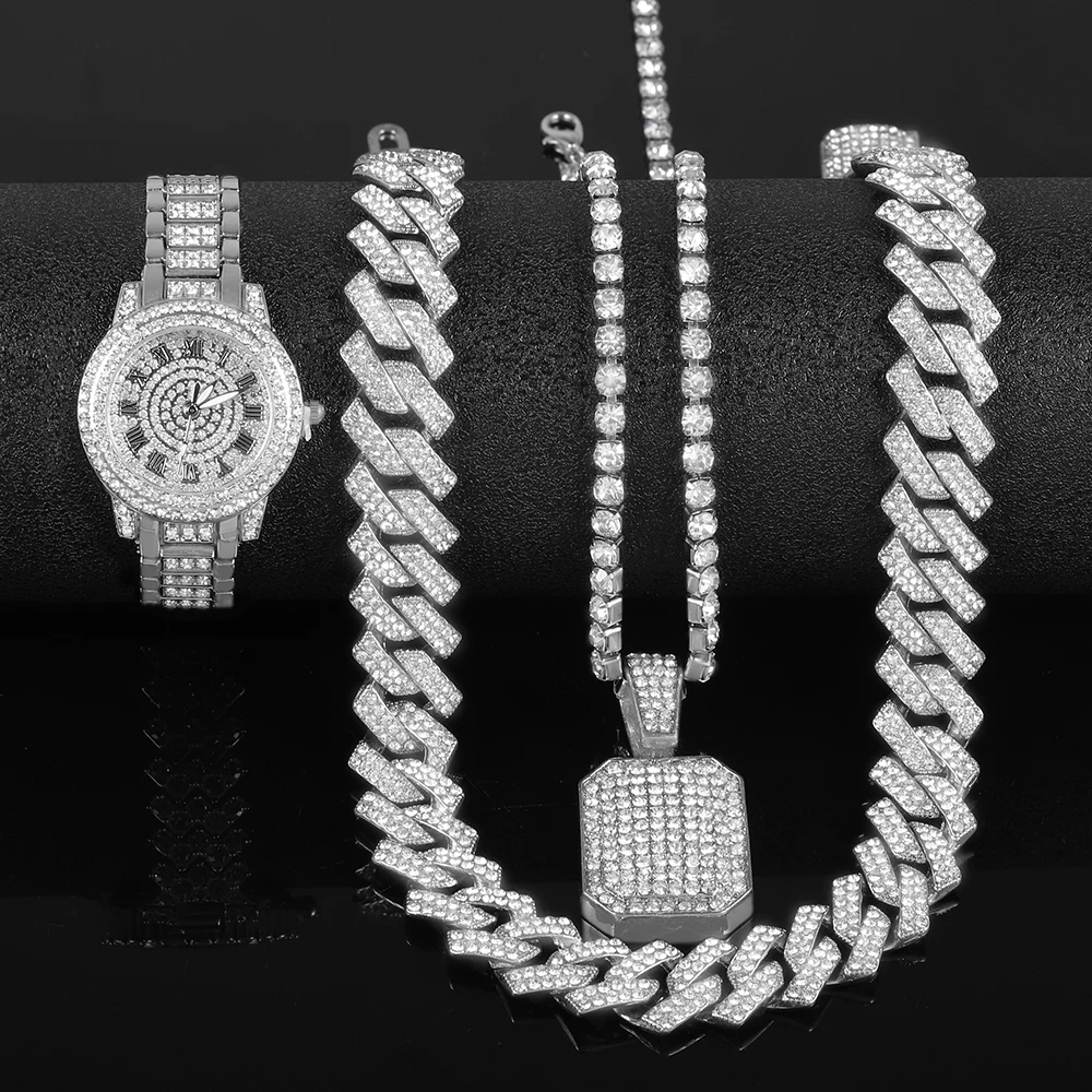 Conjunto de reloj de plata Punk de Hip-hop para mujer, elegante reloj con incrustaciones de diamantes, colgante de bloque, collar de tenis, cadena cubana, regalo de joyería de lujo