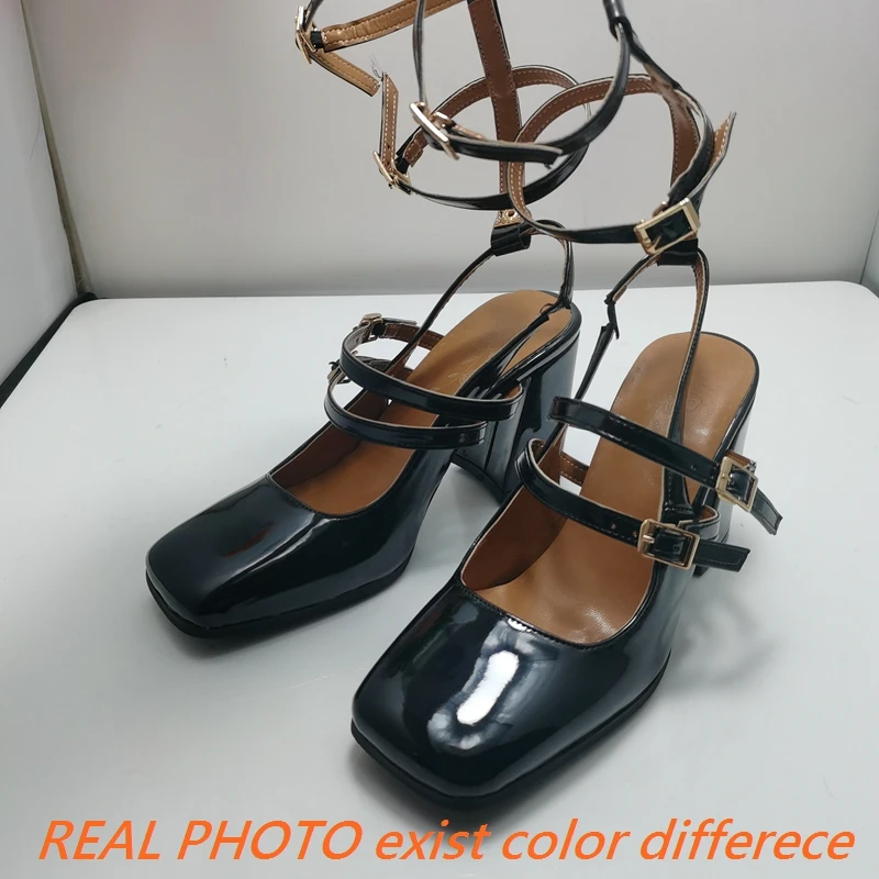 REAVE CAT 2024 Women Sandals 32 33 Patent Leather High Heels Shoes Strap Toe Multi-buckle Janes Shoes 45 46