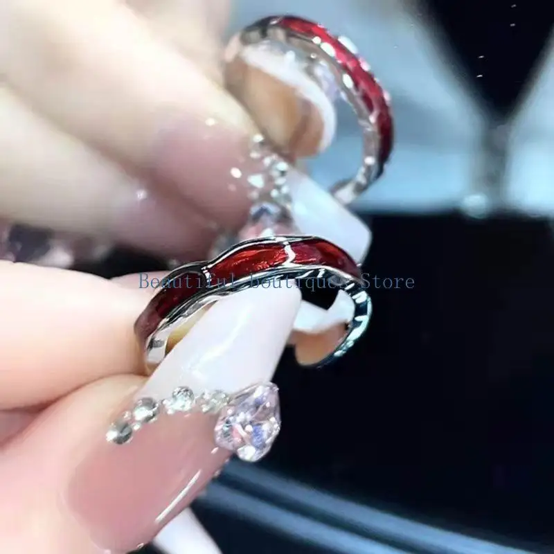 U4LF Red Drop Glaze Butterfly Ring For Women Girl Wedding Party Jewelry Accessories Gift Adjustable Silver Plated Ring