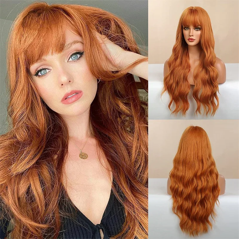 Best-selling new synthetic fiber big wave wig female orange air bangs long curly hair high temperature silk wig full head cover