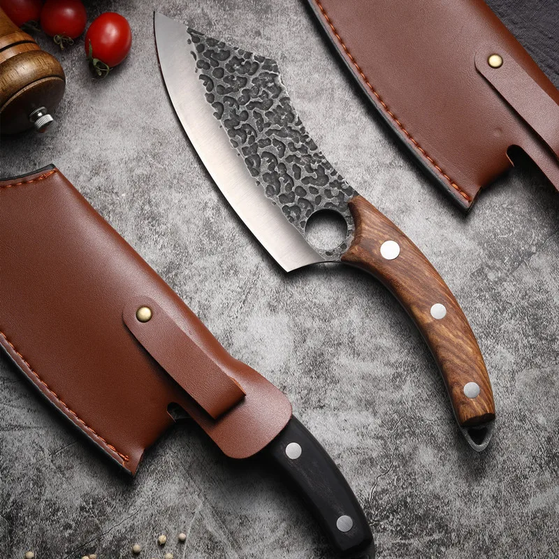 High Carbon Steel Butcher Knives KnifeHand-forged Hammered Meat Cleaver With Finger Ring Meat Cleaver Boning Viking Chef Knife