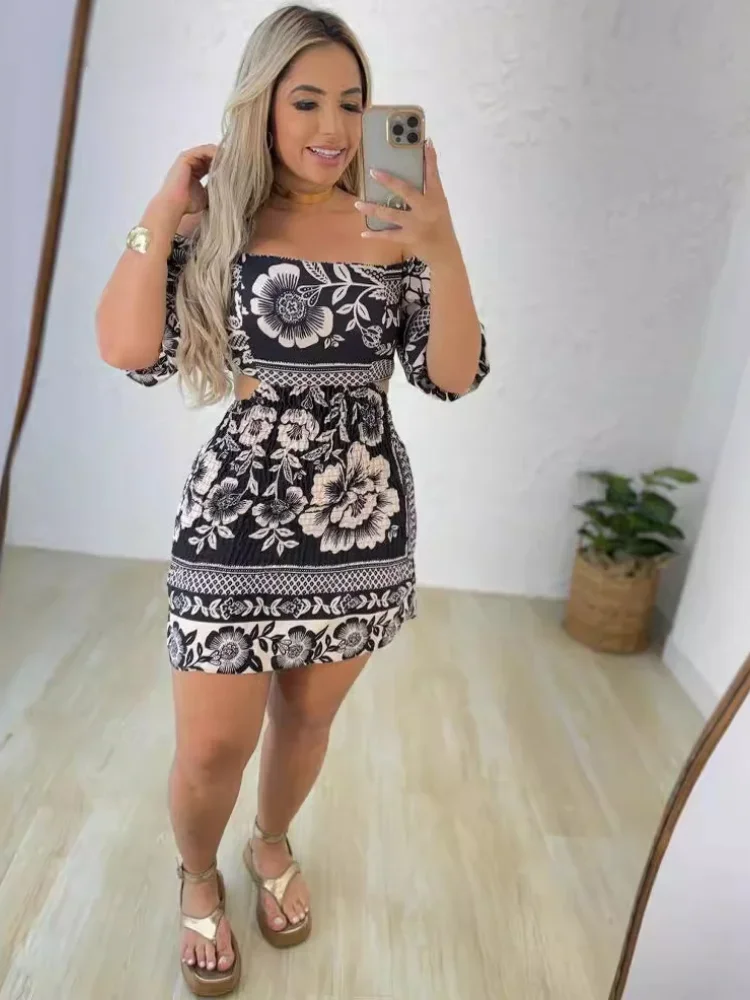 Vestido de mujer Vestidos de longitud media estampado fuera del hombro manga acampanada Slim Fit Sexy Casual cintura ajustada Vestidos cortos sin espalda