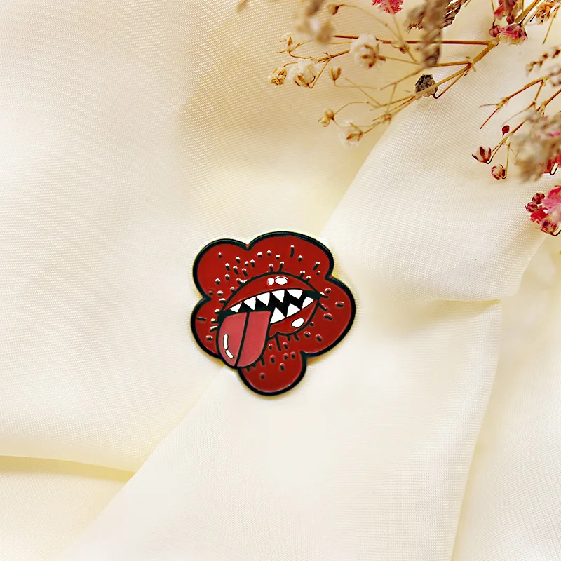 Skull Big Mouth Flower Enamel Pins Mushroom Skeleton Head Red Flower Long tongue Lapel Badges Brooches Jewelry Friends Bijoux