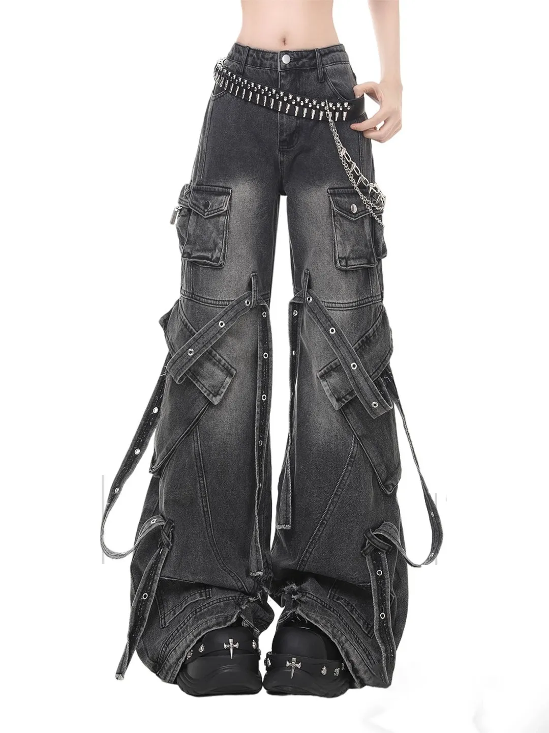 Women Black Gothic Cargo Jeans Vintage Hiphop Grunge Y2k Gyaru Punk Jeans Pants Baggy Straight Wide Leg Denim Pants Summer 2026