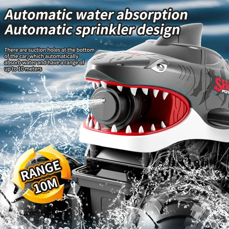 2.4G Remote Control Shark Amphibious Vehicle Dual Watch Control Battle Shooting Amphibious Stunt Car Electric Boat Toy for Kids