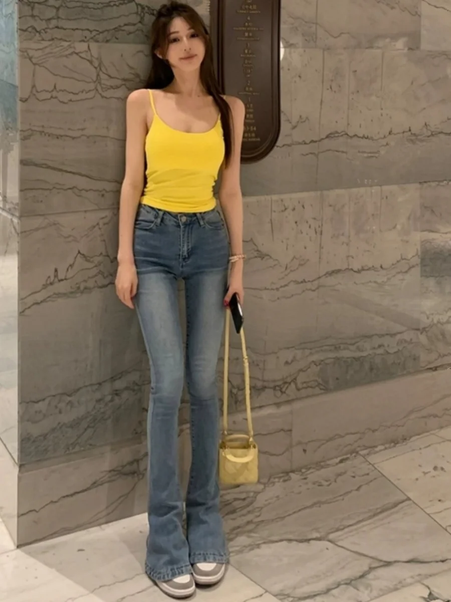 

Blue High-Waisted Stretch Denim Capri Pants Women's Retro American Design Slimming Tight Micro Flared Jeans Cotton Elastic