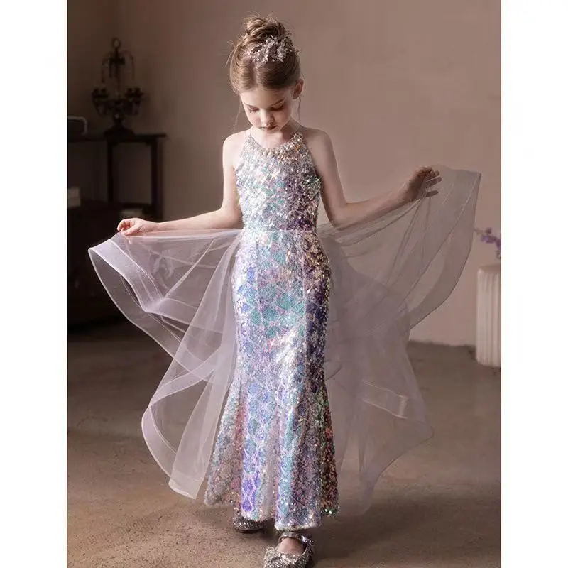 New Girls Sequin Evening Gown Luxury Waist Fitted Mermaid Dress for Birthday Host Model Catwalk Show Occasion